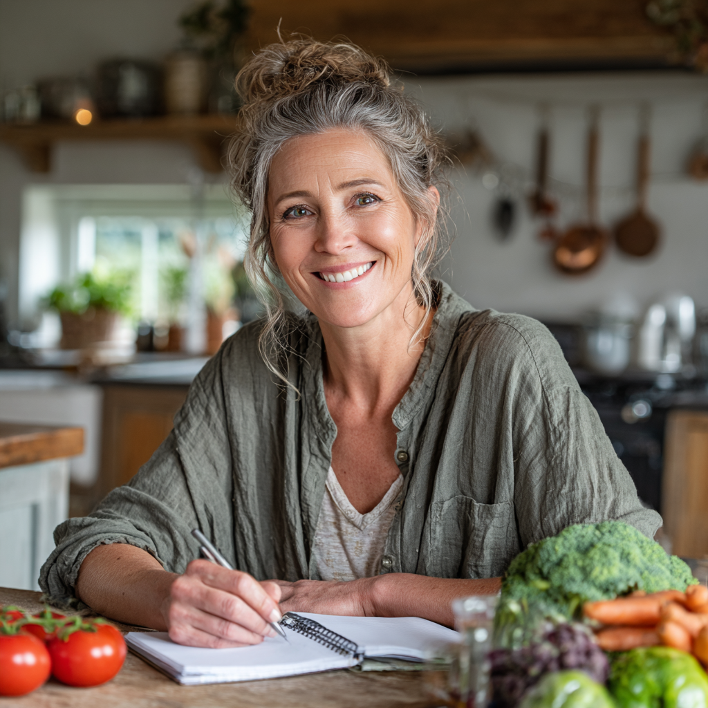 Smiling middle-aged woman in her 40s sitting at kitchen table with fresh vegetables and healthy meal planning notebook, natural lighting from window